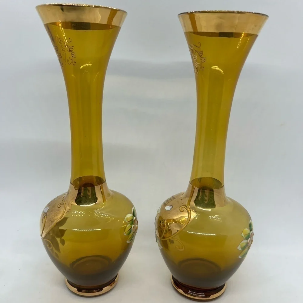 Pair of Vintage Norleans Japan Amber Vases Hand Painted Flowers and Gold Accents